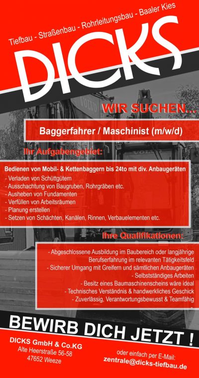 Stellenanzeige Baggerfahrer-Maschinist